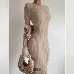 Tranquility Rib Open Back Long Sleeve Long Dress Khaki